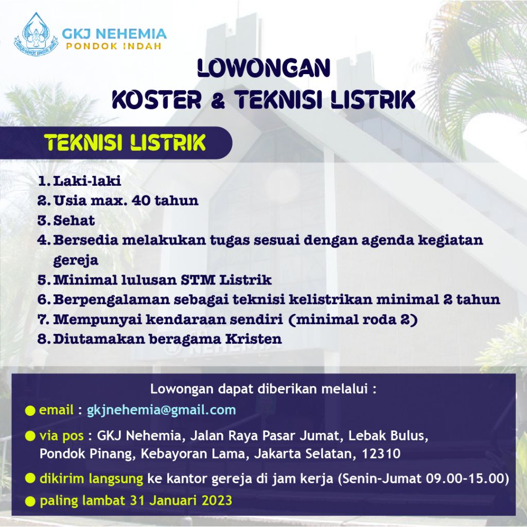 Lowongan Koster & Teknisi Listrik - GKJ Nehemia Pondok Indah